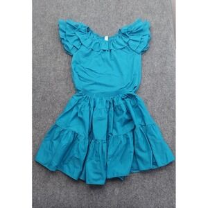 Vtg Malco Modes Square Dancing Skirt Top Dress Small Aqua Blue Ruffle Full Skirt